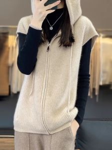 Authentic Clearance Specialty Foreign Trade Wool Zipper Hooded Knit Vest Fall Winter Sleeveless Sweater Cardigan Thickened Loose Type