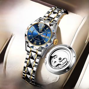 Transparent Bottom Womens Automatic Pure Mechanical Watch Butterfly Clasp Double Calendar Luminous Waterproof Diamond-Embedded Watch Female Fashion Brand