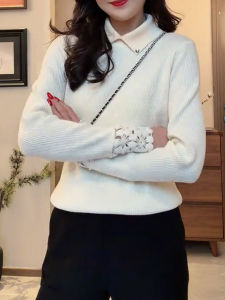 QINGNAER | Plus Size Elegant Turn-Down Collar Knit Sweater With Lace Sleeves