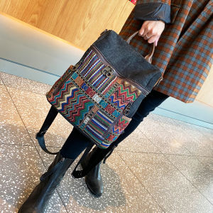 Retro Ethnic Style Large Capacity Denim Backpack Womens Dual Shoulder Bag Embroidered Collision Color Single Shoulder Bag