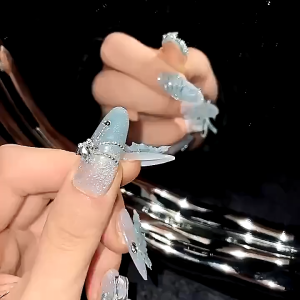 O-New 10PCS Artificial Nail Butterfly Ribbon Smoothie Light Blue Gradient Cat Eye Fake Nails False Nail Reusable and Removable