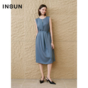 Insun Autumn Oxygen Sensation Sleeveless Pleated Acetate Dress Simple Commute Pure Color Waist Cinched H Version Midi Dress