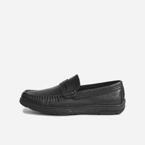 Hotwind Mens Black round Toe Casual Leather Shoes Spring New Style Commuter Versatile Loafers Fashionable Flat Heel Rubber Sole