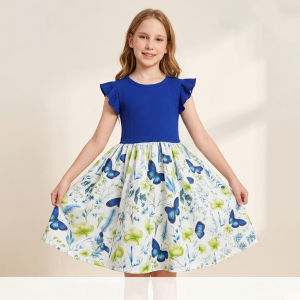 Girls Summer 7-14 Years Round Neck Ribbed Ruffled Sleeve Butterfly Floral Print Dress for Daily School Casual Kids Lovely