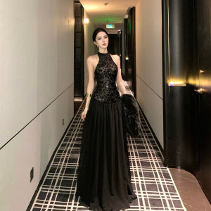 French Style Black Sequin Neck Hanging Sleeveless Backless Dress Womens Autumn High-End Feeling Ball Beautiful Evening Dress Long Dress