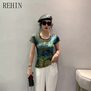 Rehin Áo thun ngắn tay dập nóng màu in thời trang mùa hè mới phong cách Châu Âu Áo sơ mi cổ tròn cơ sở S-3XL ôm vừa áo nữ