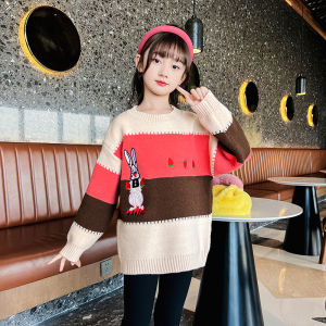 Áo Len Dệt Kim Dày Có Lót Lông Thỏ Cổ Tròn Cho Bé Gái Áo Khoác Ngoài Mùa Thu Đông Thời Trang Trẻ Em Áo Sơ Mi Lót Lông Cừu