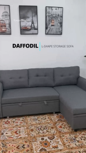 KENZZO 3-Seater L-Shape Pull-Out Sofa Bed with Storage – Beige/Grey Fabric Multifunctional Design New Daffodil Sofa
