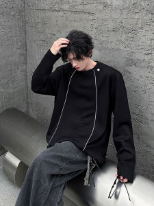 Black Shoulder Pad round Neck Sweatshirt Mens Autumn Winter Long Sleeve American Trendy Brand Base Shirt Cleanfit Heavyweight T-shirt