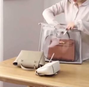 Dust Cover Organizer Bag Transparent Handbag Storage Organizer Dust Cover Bag Dust-Proof Purse Storage Bag with Zipper and Handle for Closet Handbags Purses (5 Sizes: S M L XL XXL Gray、Cream)