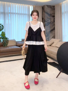 Sweet Floral Two-Piece Set with Strap Youthful Girl Slimming Top MEHOMEYANG Commute Style Loose Fit Short Sleeve round Neck