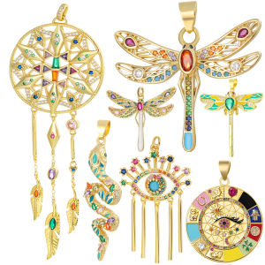 Juya 18K Real Gold Plated Colorful Enamel Dragonfly Snake Dreamcatcher Greek Evil Eye Charms For DIY Mothers Day Jewelry Making