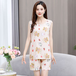 Summer Ladies Loose Silk Sleepwear Sleeveless Set Home Mom Artificial Cotton Large Size Thin round Neck Regular Length