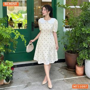 Đầm thiết kế BEMINE cổ sen viền ren họa tiết chấm bi dáng chữ A phù hợp đi làm-MT11097