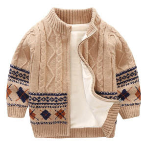 Boys Fleece Lined Zipper Knitwear Cardigan Warm Fashionable Baby Coat Long Sleeve round Neck Striped Pattern Autumn Winter Wear