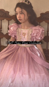 Girls Pink Princess Dress Puff Sleeve Lace Sequin Tulle Ball Gown Kids Birthday Party Flower Girl Wedding Formal Dress