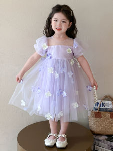 Summer Princess Style Dress for Girls 3-12 Years Old 3D Floral Print Sweet Fairy Skirt Short Sleeve round Neck Korean Version