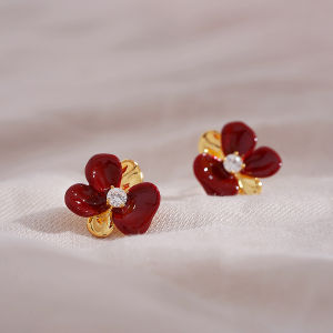 French Vintage Wine Red Flower Stud Earrings Elegant Personality Unique Design Rhododendron Earrings Fashion Jewelry