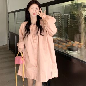 ชุดเดรสแขนยาวสีชมพูหวานๆ สำหรับผู้หญิง ทรงหลวม ทรงเข้ารูป กระโปรงทรงเอ แขนยาว คอตั้ง สไตล์ญี่ปุ่น ฤดูใบไม้ผลิและฤดูร้อน