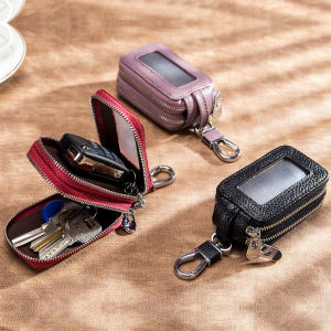 NEW Genuine Leather Double Zipper Keychain Men and Women Key Holder Organizer Pouch Housekeeper Keys Case Bag