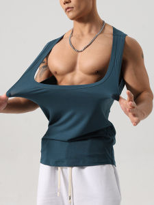 Low Collar Sports Vest Mens Summer Loose Cotton Sleeveless T-shirt I-Shaped Waistcoat Sweat-Absorbent Elastic Training Fitness Clothes