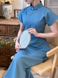Blue Young Style Full Opening Collar Cheongsam Traditional Chinese Costume Short Sleeve Daily Wear Retro Style Long Qipao for Women