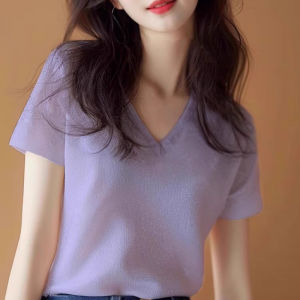 Elegant Korean Style Short Sleeve V-Neck T-Shirt Womens Summer Fashionable Unique Purple Color Beautiful Personality Top