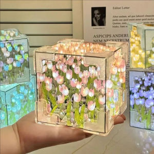 YESPERY DIY Tulip Mirror Cube Lamp Simulation Flower Bedroom Sleeping Table Lamp Handmade Craft Tulips Mirror Night Light Birthday Gift
