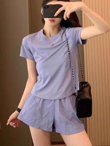 LU Home Back Mesh Design Breathable Quick Dry Casual Sports Short Sleeve T Shirt Shorts Yoga Set Women Summer High Waist Straight Leg Pants