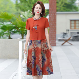 New Short Sleeve Chiffon Dress for Mature Women Summer 2024 Style High Waist Midi Length Stand Collar Color Block