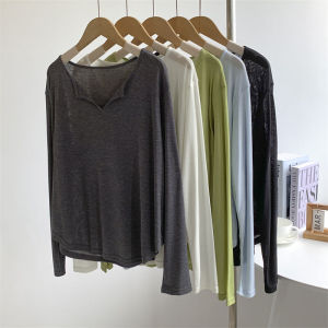 V-neck Long sleeve Sun Protection Clothing Women Idle Style Dance Clothes Yoga Loose Casual Exercise Clothing Top Perspective Cover up Women