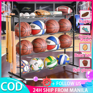 Basketball Storage Rack Basketball Storage Organizer With Wheels Football Volleyball Rugby Ball Organizer Rack 4 Layer Badminton Tennis Shelf With Baseball Bat Holder And Hooks Sports Equipment Storage For School Courtyard Training Ground