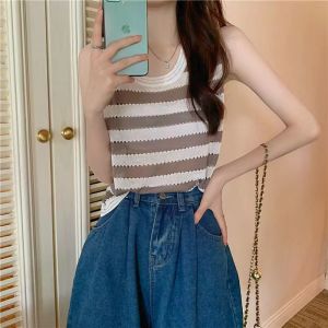 new arrivals ice knitted sando blouse /knitted stripe design fashion top/korean style strip blouse