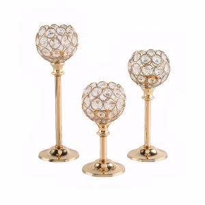 【Vktech】Stylish Metal Crystal Bowl Candelabras Set of 3 with Tall Votive Candle Holders for Home Party Decorations