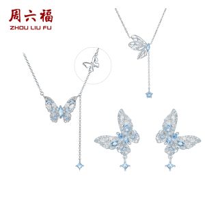 ZHOU LIU FU 周六福 S925 Silver Butterfly Dance Pendant Necklace Earrings with Elegant Tassel Adjustable Chain Tassel stud earrings J0615078/J0615080