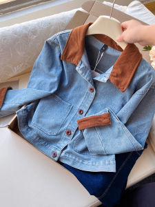 QINGNAER | Hong Kong Style Vintage Fashionable Turn-down Collar Patchwork Color Block Pockets Button Denim Jacket