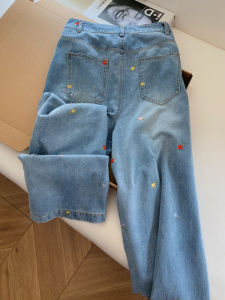 Retro Light Blue Embroidered Loose Wide Leg Jeans Straight Cut Ladies High Waist Trousers Fashionable Spring Summer Denim