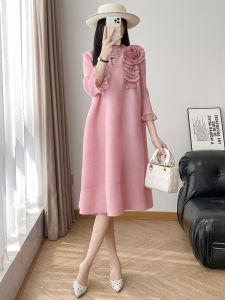 Pink Pleated Loose Sleeveless Midi Dress Three Houses Spring Summer Autumn New Style Casual Comfortable Polyester Fiber High Elasticity