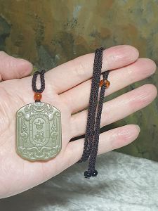 Premium Nephrite "lake green" double sides carving Lucky and As Ones Wish Jade pendant (with certificate) [Natural Crystal]