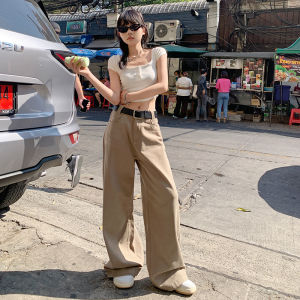 American Style High Waist Wide Leg Denim Pants Womens Khaki Loose Fitting Straight Casual Trousers Autumn New Arrival