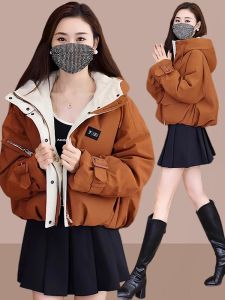 Áo Khoác Cotton Dài Tay Thường Ngày Mùa Đông Cho Nữ Áo Khoác Cotton Ngắn Ấm Áp Áo Khoác Cotton Lót Lông Cừu Phong Cách Hàn Quốc