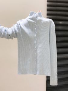 Blue Knitted Long Sleeve Half High Collar Womens Base Layer Inner Wear Top Button Style Comfortable Korean Version Slim Fit