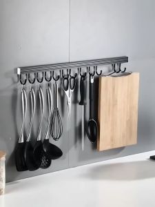 Kitchen Hook Rack Household Wall-mounted Kitchen Utensil Organizer Black Sundry Hook Hanging Rod Shelf 40/60cm