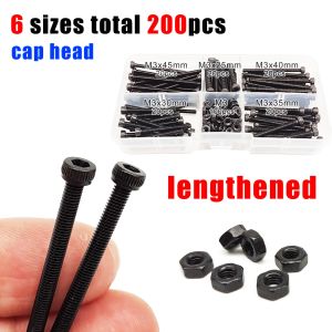 200pc/Kit Lengthened Long M3 Allen Hexagon Hex Socket Head Cap Button Countersunk Flat Thin Screw Bolt Nut Set Black Alloy Steel
