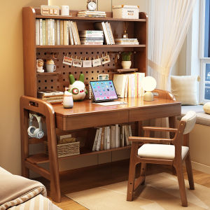 Ergonomic Height Adjustable Solid Wood Computer Desk Childrens Study Desk Home Office Desk with Bookshelf Integrated Desk