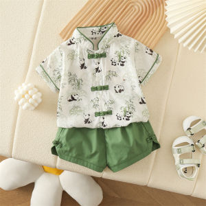 Baby Boy Summer Outfit Panda Shirt Set Short Sleeve Thin New Chinese Style One Year Old Ceremony Dress Cotton Princess Style A-Line Skirt