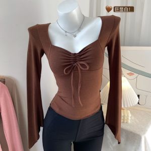 Super Soft T-Shirt with Drawstring Bell Sleeve Pure Desire Base Shirt Inner Wear Korean Style Commute Style Polyester Fabric