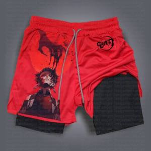Bandai | Kimetsu No Yaiba Mens Workout Shorts Demon Slayer 2 in 1 Quick Dry Double Layer Shorts for Athletic Training