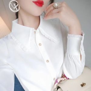 เสื้อเชิ้ตแขนยาวสีขาวหรูหรา ทรงสลิมฟิต สำหรับผู้หญิง ฤดูใบไม้ร่วง 2025 ใหม่ ปกโปโล ผ้าโพลีเอสเตอร์ ปกโปโล แขนยาว ปกโปโล