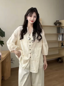 Summer Womens Sun Protection Shirt Outerwear New Chinese Style Loose Chiffon Top Button Detail V-Neck Seven Sleeve Length